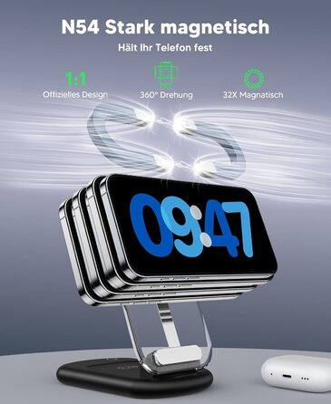 Зарядний пристрій MagSafe 3-в-1 для iPhone 17/16/15/14/13/12 Pro Max/Air/Plus/Pro та Apple Watch 10/9, AirPods 3/2/Pro, чорний