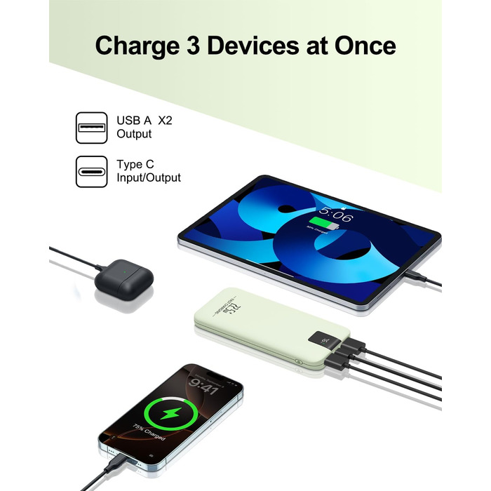 Powerbank 10000mAh 22.5W з LCD-дисплеєм: Швидка зарядка, 3 виходи, 2 входи, USB-C, для смартфонів та планшетів (зелений)