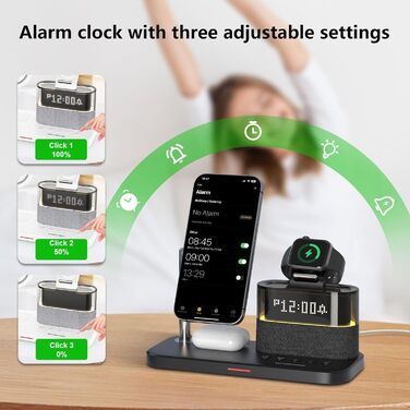 5-в-1 Бездротова зарядна станція з годинником та нічником для iPhone 17/16/15/14/13/12 Pro Max, Apple Watch, AirPods - 33W адаптер, білий