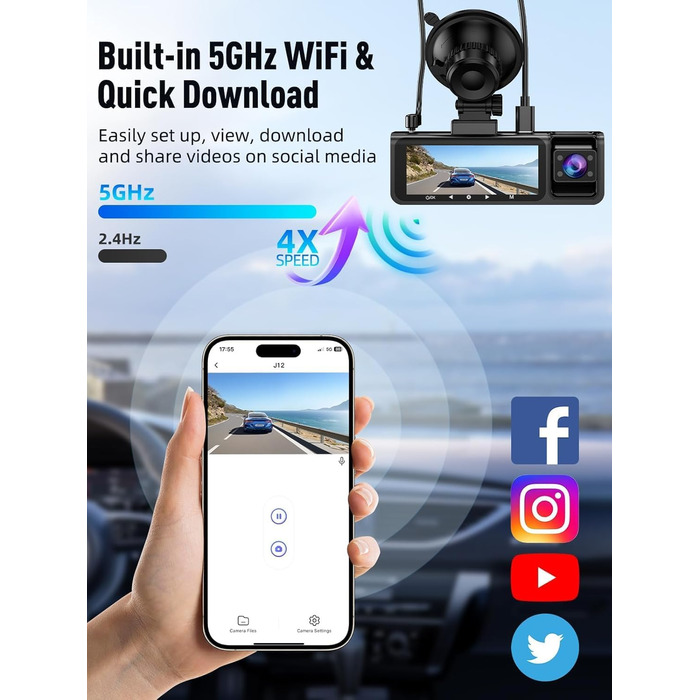 3-канальний автомобільний відеореєстратор 4K+1080P+1080P (передній, задній, салонний), 5GHz WiFi, 3.16