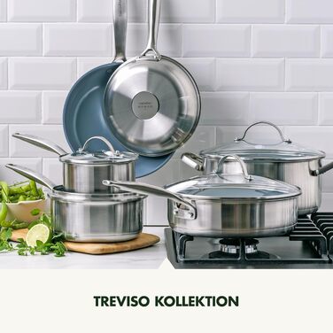 GreenPan Treviso: 10-ти речівий набір посуду з нержавіючої сталі з керамічним антипригарним покриттям, без PFAS, для індукційних плит, сумісний з духовкою, можна мити в посудомийній машині, срібний