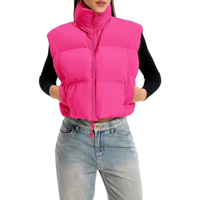 Жіноча степна жилетка з коміром-стійкою, блискавкою, коротка, рожева - розмір M