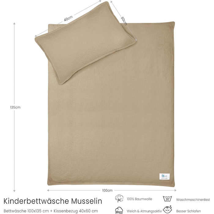 Бетліня для дітей Lulumoon з мусліну 100x135: комплект простирадла 100x135 + наволочка 40x60 см з бавовни Oeko-TEX Standard – легка та комфортна постільна білизна для малюків (Крем-Мокко, 100x135 см + 40x60 см)