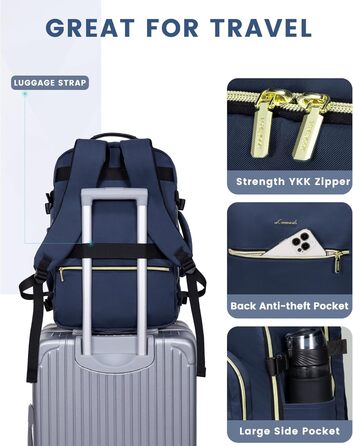 Рюкзак LOVEVOOK для ручної поклажі в літак, 40L, великий, для жінок, валіза-рюкзак, водонепроникний, для 17-дюймового ноутбука, рюкзак для подорожей, бізнесу, ділових поїздок, туризму, відпочинку на вихідних (L, темно-синій+чорний)