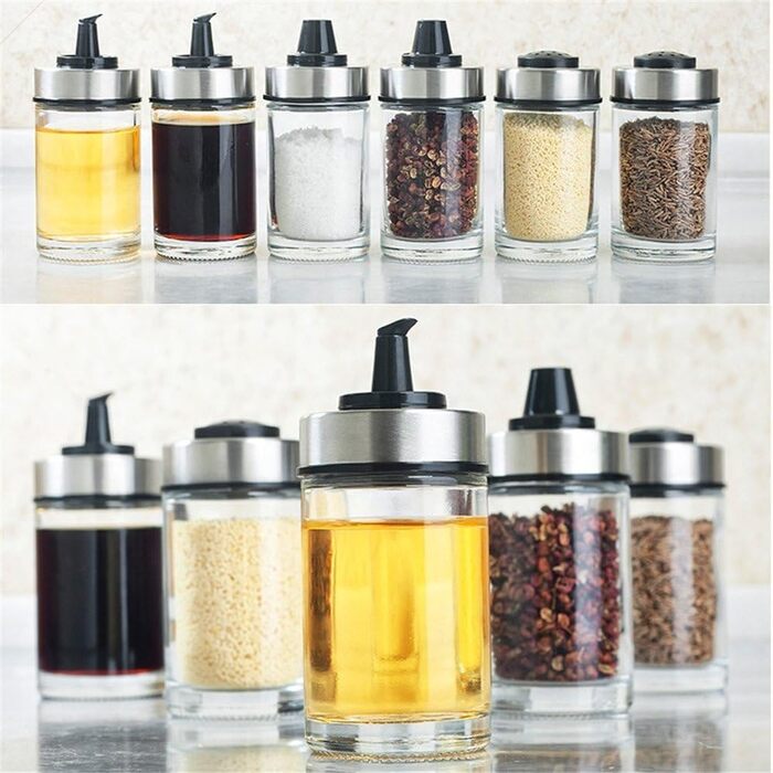 Spice Jar Oil Bottle Salt and Pepper Shakers Glass Jars with Rotating Holder, 100ml (6-Jar)