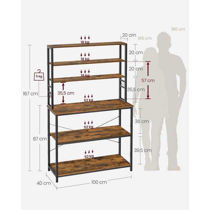 Стелаж кухонний VASAGLE з 6 полицями та гачками, 40 x 60 x 167 см, колір горіх + білий