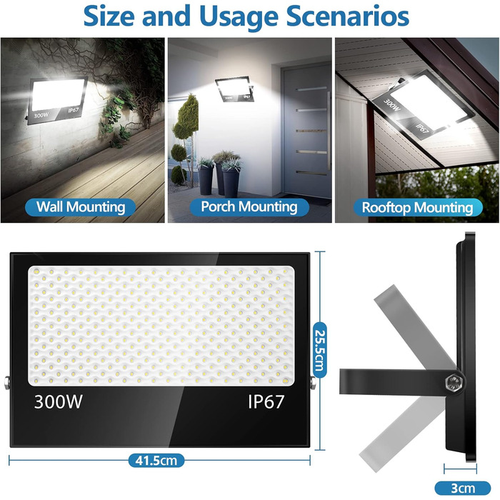 200W LED Floodlight Outdoor, 20000LM LED Spotlight, 7000K Cold White Spotlight, IP67 Waterproof Floodlight, for Backyard, Courtyards, Garage, Hallway, Garden (300W-1PC)