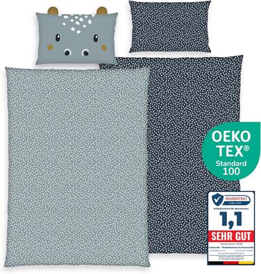 Дитяча постільна білизна (комплект 2 шт.) з 100% бавовни Oeko-Tex: ковдра 100x135 см та подушка 40x60 см, на блискавці, дихаюча, регулює температуру, з тваринами (Гіпопотам)