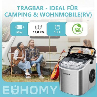 Машина для льоду EUHOMY: компактна, нержавіюча сталь, 12 кг/24 год, самоочищення