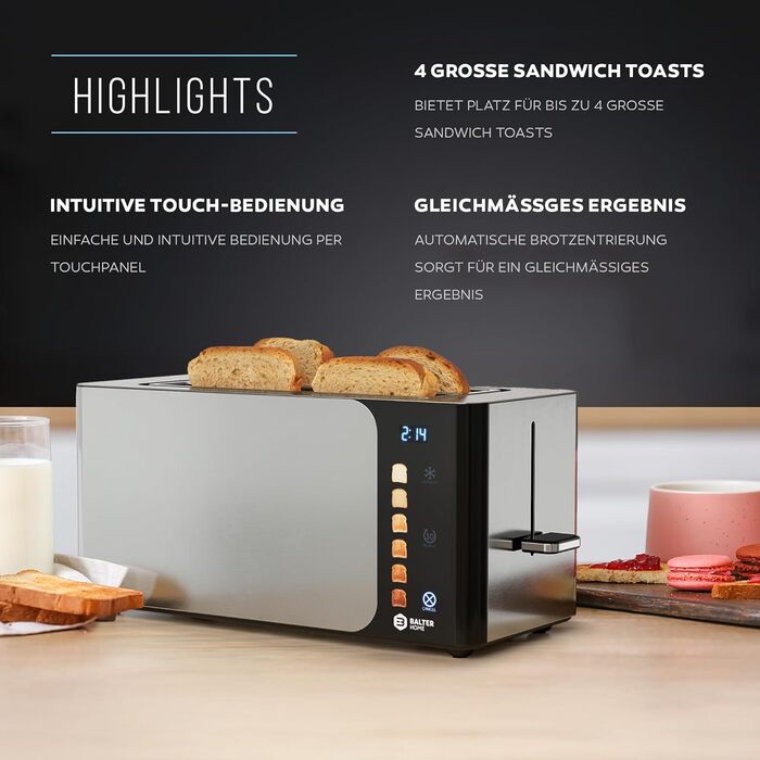 Тостер Balter 4 Scheiben з сенсорним керуванням, нержавіюча сталь, підставка для булочок, LCD дисплей, функція підігріву, центрування хліба, TS-34 (Ts-44-silber)