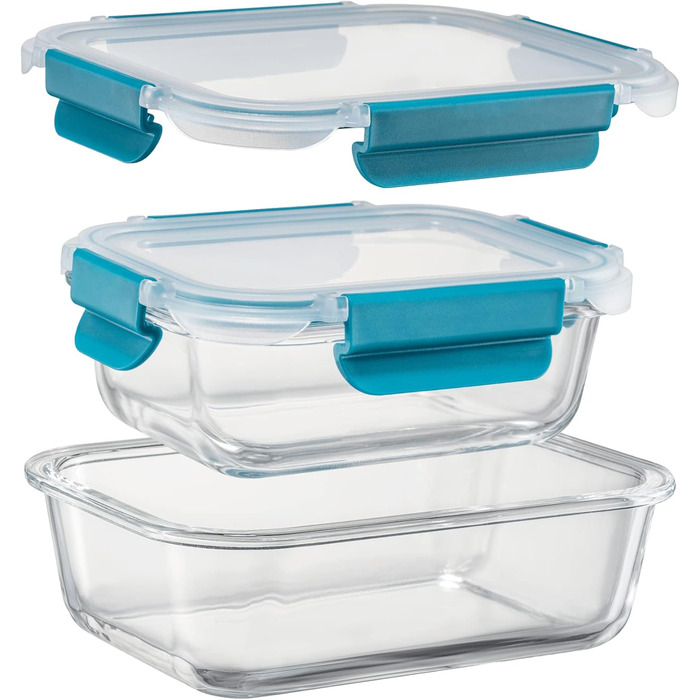 Набір контейнерів для зберігання продуктів Glas, 18 частин (9 контейнерів, 9 кришок), BPA-free, підходить для миття в посудомийній машині, мікрохвильовій печі та морозильній камері, виготовлені з скла, витікання неможливе, колір: бірюзовий