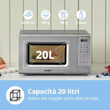 Мікрохвильова піч COMFEE' Digitale, 20 л, 700 Вт, 11 рівнів потужності, 6 меню, функція розморожування та пам'яті - сіра - CM-E202CC(GR)