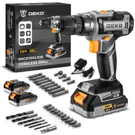 Акумуляторний шуруповерт DEKOPRO 20V 40 Nm: комплект з 2 акумуляторами, LED, 18+1 момент, для дому та DIY, сірий