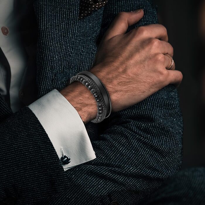 Чоловічий шкіряний браслет Lederarmband з магнітною застібкою з нержавіючої сталі, плетінка, 20.5 см, чорний + Подарункова коробка