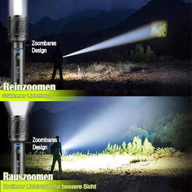 LED ліхтарик надпотужний 2200 люмен, перезаряджається (вбудований акумулятор великої ємності), міні ліхтарик з індикатором заряду, довгий час роботи, алюмінієвий корпус, 5 режимів освітлення, регульований фокус (2 шт.)