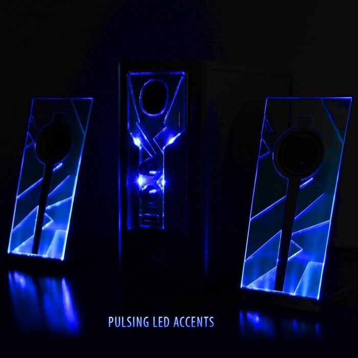 GOgroove 2.1 Звукова система для комп'ютера з LED-підсвічуванням. Комп'ютерні колонки 2.1, сабвуфер, блакитні LED, для ігор та стерео звуку