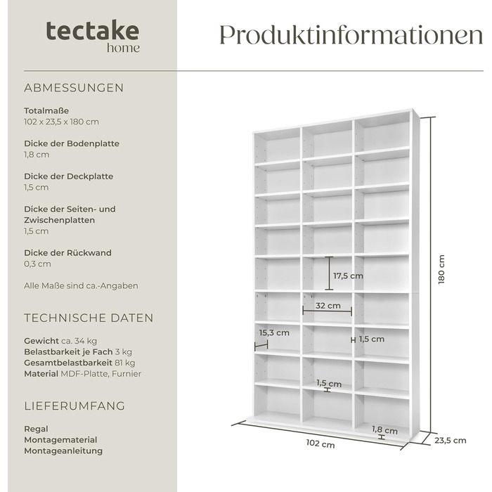 Тумба-стелаж Tectake для зберігання, відкритий книжковий або CD/DVD стелаж, перегородка, вітрина для колекцій, чорний/білий