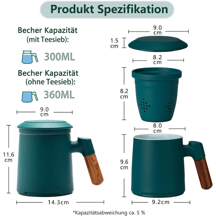ZENS Teacup with Lid and Infuser, 360 ml Wooden Handle Teacup with Tea Strainer and Lid for Loose Leaf Tea, Matte Ceramic Teacups Gifts for Tea Lovers, Hand-Sprayed Dark Green Glaze