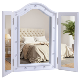 HOMCOM Vanity Mirror with 16 LED Lights - Freestanding, 180° Swivel, Battery-Powered, White, 3 Mirror Panels, 28.7 x 20.7 x 1.8 inches