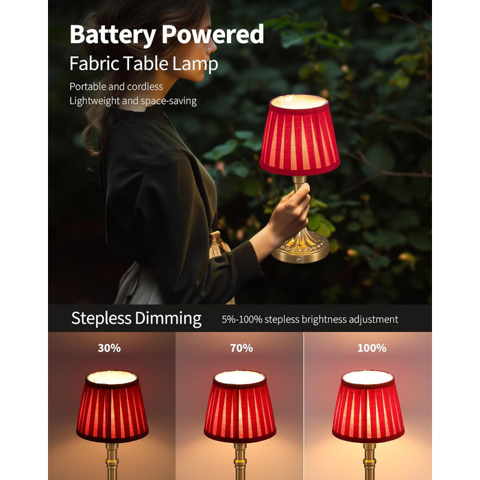 Акумуляторна настільна лампа LED з димером та червоним абажуром (2 шт) для вітальні, спальні, ванної кімнати, бронза