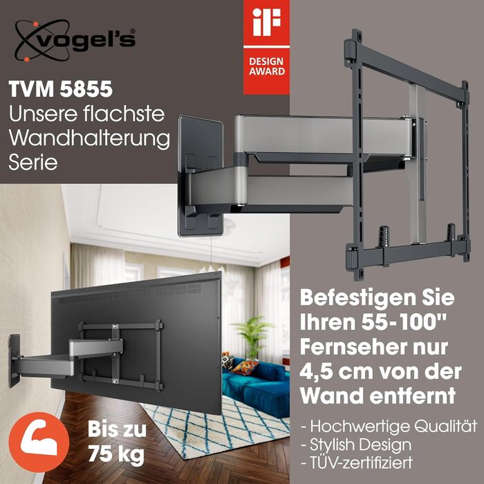Кріплення для телевізора Vogel's Elite TVM 5855 для великих телевізорів до 100 дюймів, до 75 кг, поворотне, VESA 600x400, чорний, з подвійним кріпленням