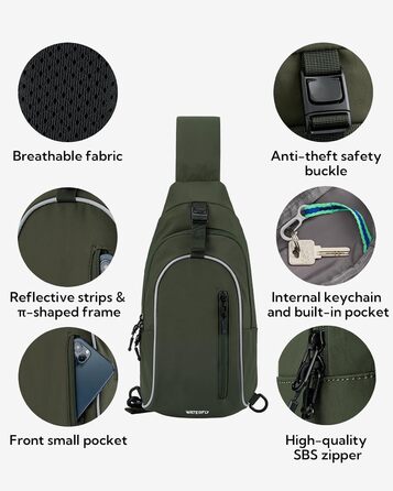 Чоловіча/Жіноча сумка через плече Waterfly: Messenger Bag, Sling Bag, Crossbody Bag для спорту, подорожей, велоїзди та піших прогулянок (Хакі)