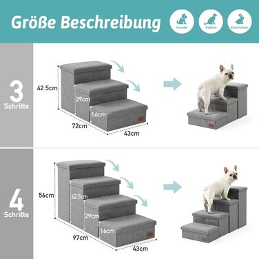 Сходинка для собак маленьких порід з місцем для зберігання, широка, складана, з неслизьким покриттям, вологостійка (сірий, 43x97x56 см, 4), сірий 4 43x97x56 см