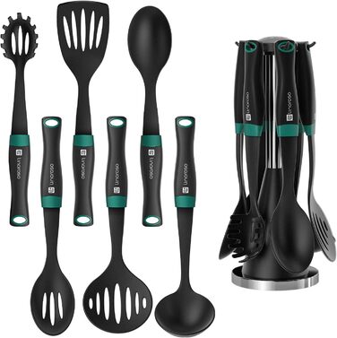 Linoroso Cooking Spoon Set - 6-Piece Nylon Kitchen Utensils - Cooking Utensils, Cookware, Cooking Utensils Set with Swivel Stand and Innovative Weighted Handle - Black & Peacock Green