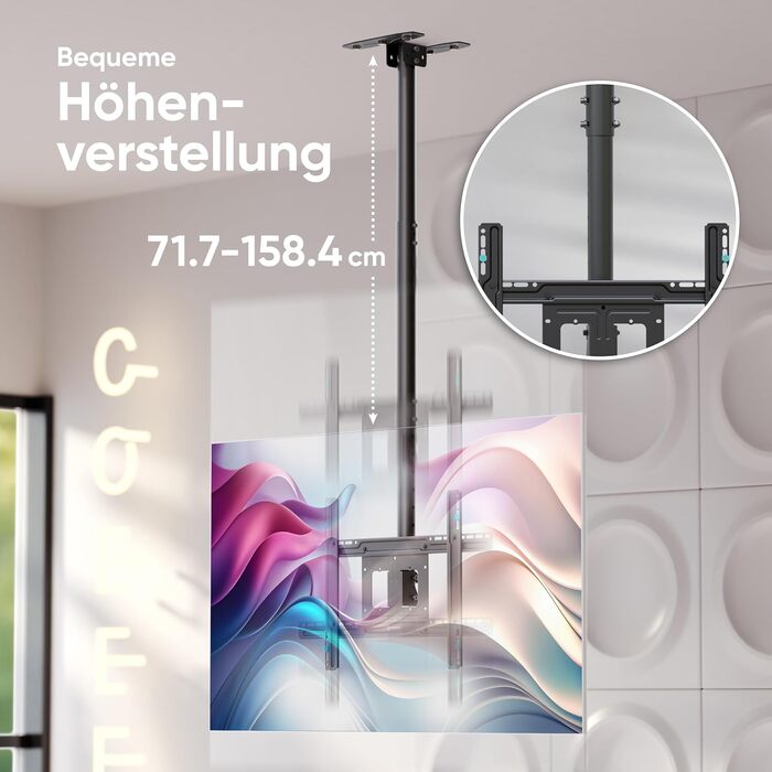 ONKRON Ceiling TV Mount for 32-80 inch TVs - Tilting & Swivel, VESA 100x100-600x400, Up to 68kg / 150lbs, Height Adjustable, Black
