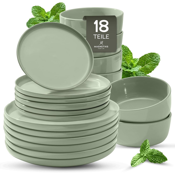 Набір посуду Feinsteinzeug на 6 осіб (18 предметів) — міцний, стійкий до подряпин, бежевий глянцевий | Столовий посуд, тарілки, миски — Magnetiks (Misty Mint, 18 предметів)