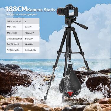 Штатив для камери Lusweimi 187 см з поворотним кріпленням 360° та 2 QR-пластинами, для Sony/Nikon/Canon, смартфонів, TikTok, Vlog (чорний)