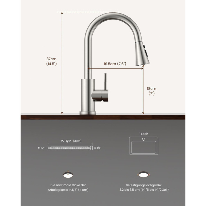 Кухонний змішувач Dayone з висувною лійкою, нержавіюча сталь SUS304, високий тиск, кухонний кран з 2 функціями, поворотна на 360°, для кухні