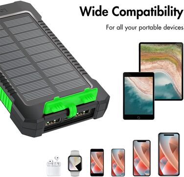 Портативний зарядний пристрій Solar Powerbank 8000 mAh з ліхтариком, чорно-оранжевий, одночасна зарядка 2 пристроїв (2x USB Type-A)