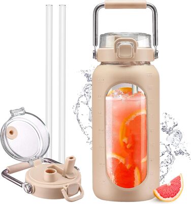 1.9L Glass Water Bottle, Glass Drinking Bottle with Straw and Stainless Steel Handle, Motivational Water Bottle with Silicone Sleeve and Time Marker, Water Jug (Amber2, 1800 ml)