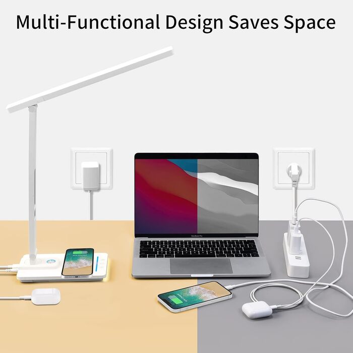 Світлодіодна лампа настільна з регулюванням яскравості та функцією зарядки годинника - настільна лампа нічник з бездротовим зарядним пристроєм 10W, USB-порт, складна, сенсорне керування, 5 рівнів регулювання, 3 режими (Tx223white-eu)