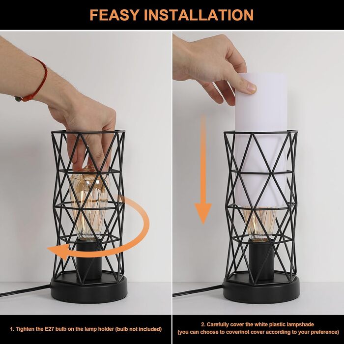 Настільна лампа з дерева та металу, вінтажний стиль, E14/E27, для дитячої, вітальні, спальні, бару (чорний)