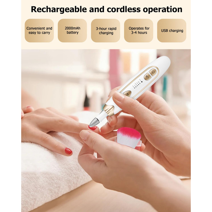 Набір для манікюру та педикюру з електричною насадкою для шліфування нігтів, 6 насадок, 20 шліфувальних кілець, 5 швидкостей, LED-підсвічуванням, білий