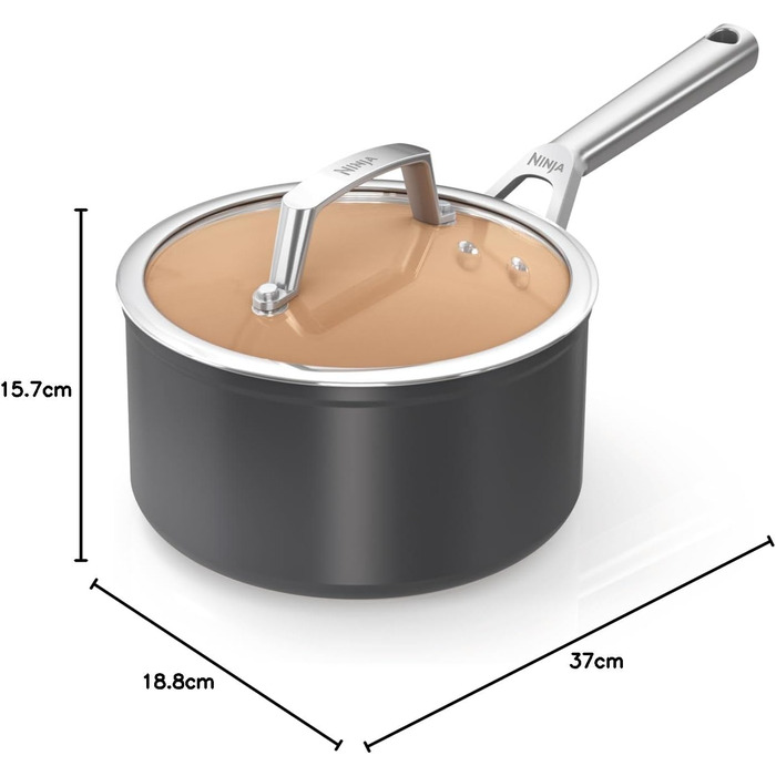 Ninja CW90218UK Ceramic Cookware Pot with Lid, non-stick coated (PFOA, PFA, lead, and cadmium-free), induction compatible, stainless steel handle, oven-safe up to 285°C, terracotta and grey 18 cm saucepan