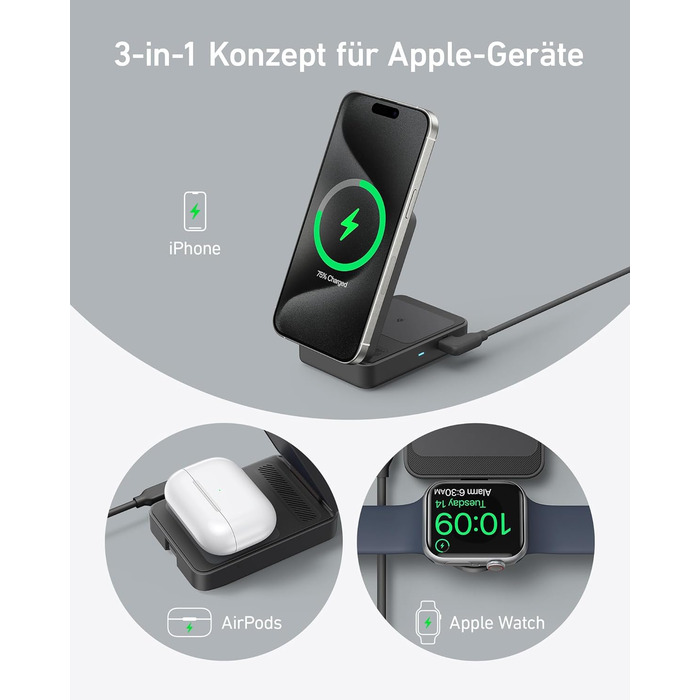 Anker MagGo 3-в-1 Бездротова Зарядна Станція Qi2 15W MagSafe для iPhone 17/16/15/14, Apple Watch 9, AirPods (з USB-C 40W адаптером) - Чорна