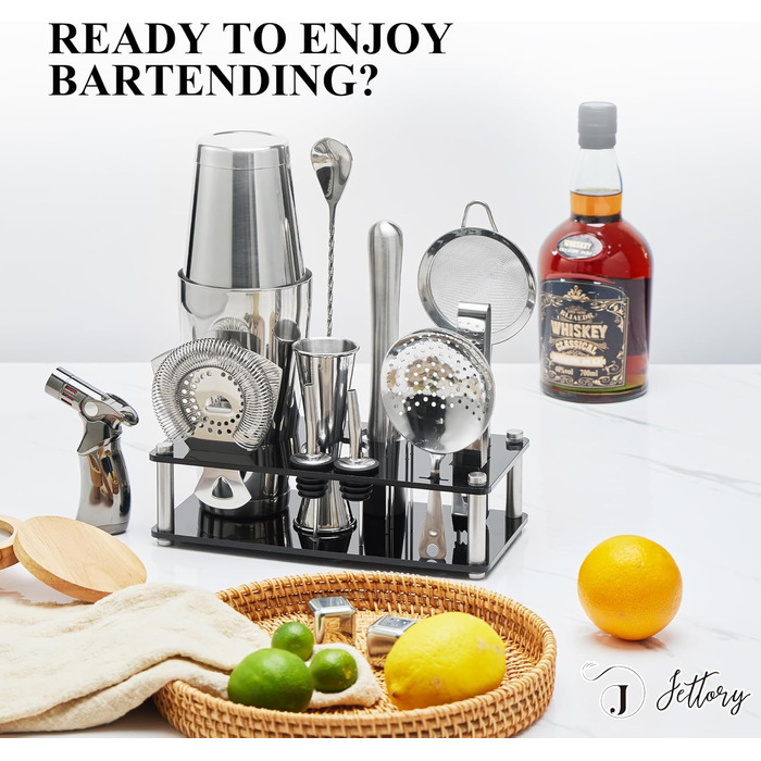 Набір шейкерів Boston - 16 предметів, нержавіюча сталь, акрилова основа, набір для приготування коктейлів