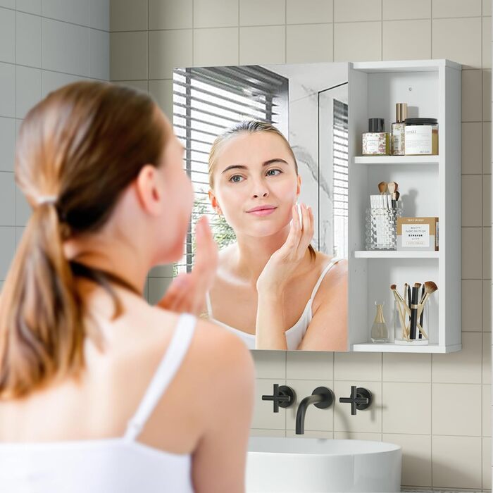 Bathroom cabinet with mirror, mirror cabinet for the bathroom wall-mounted with toothbrush holder and adjustable shelves, ventilation design, 65 x 15 x 65 cm, White