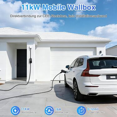 Зарядний пристрій для електромобілів Mobile Wallbox 11 кВт Typ 2, 7м кабель CEE 16A, регульована потужність, для EV/PHEV
