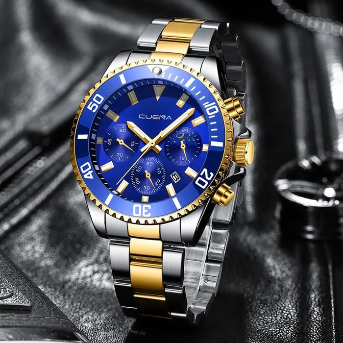 Годинник чоловічий OFF-CUP з датою, кварцовий хронограф, водостійкий, сталевий браслет, класичний стиль, бізнес-годинник (Золотий, Синій)