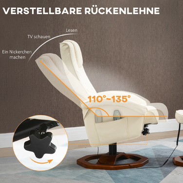 HOMCOM Massage Recliner with Footrest, 360° Swivel, Faux Leather, Steel, Cream White/Brown, 73x83x106cm for Ultimate Comfort