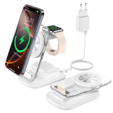 Бездротова зарядна станція 3 в 1 MagSafe для iPhone 16/15/14/13, Apple Watch та AirPods, складана з регулюванням кута та атмосферним підсвічуванням (Перламутовий білий)