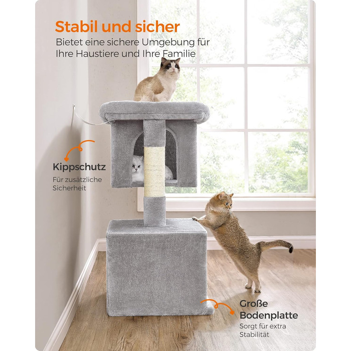 Feandrea Cat Tree, 84 cm Cat Tree, L, Cat House for Large Cats up to 7 kg, Large Platform, 2 Cat Caves, Sisal Posts, PCT61W (XL (68 x 48 x 101 cm), Light Grey)