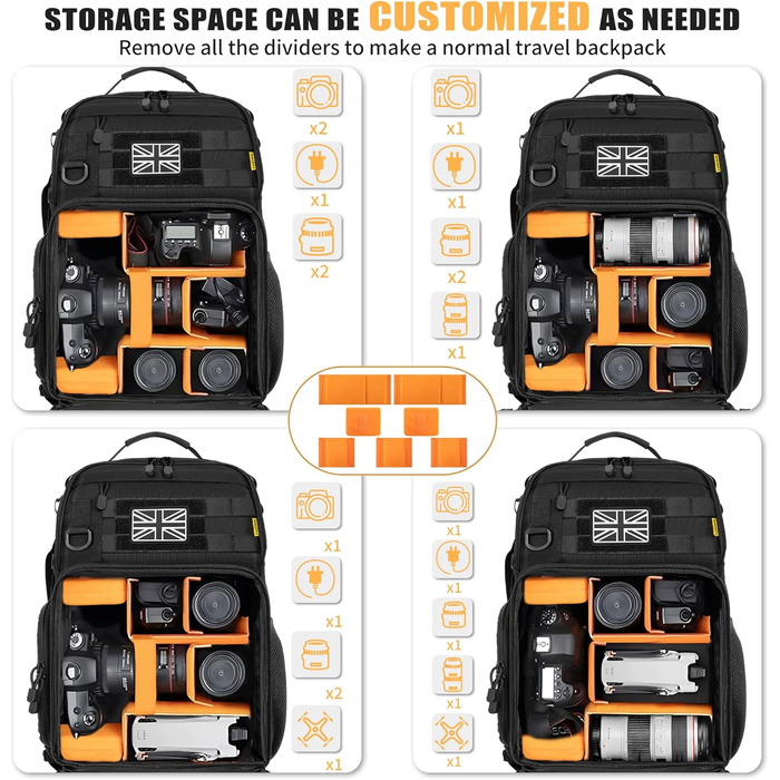 Чорний рюкзак для камери з відділенням для ноутбука 15,6 дюймів, водонепроникний, сумісний з Canon, Nikon, DJI | Знімний вкладиш, підтримка штатива