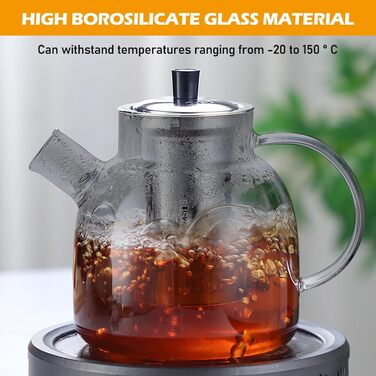Скляний чайник для заварювання чаю 1500 мл з ситечком та підставкою-підігрівачем із нержавіючої сталі