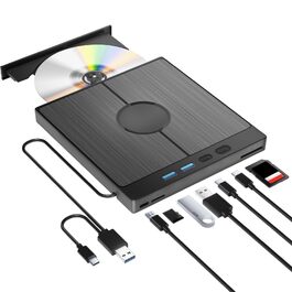 Зовнішній CD/DVD-привід для ПК USB 3.0 Type-C з 4 USB-портами та картридером SD/TF, тонкий багатофункціональний DVD-RW накопичувач для Windows 11/10/8/7/XP