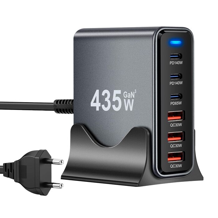 Зарядний пристрій USB-C 435W, 6 портів: швидка зарядка для MacBook Pro/Air, iPad Pro/Air, Samsung та інших – чорний